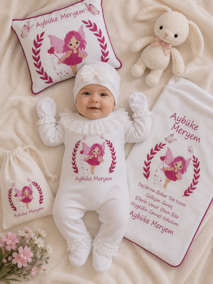 12 Parça Baskılı Pembe Melek Desenli Hastane Çıkış Set