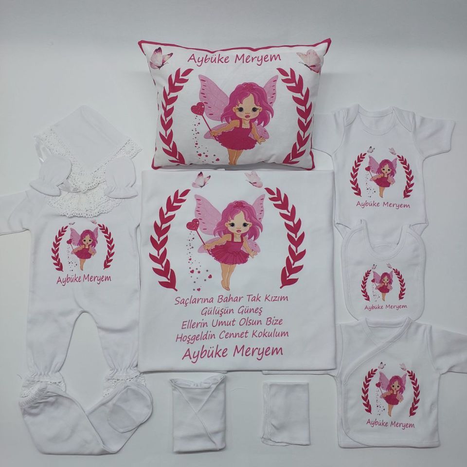 12 Parça Baskılı Pembe Melek Desenli Hastane Çıkış Set