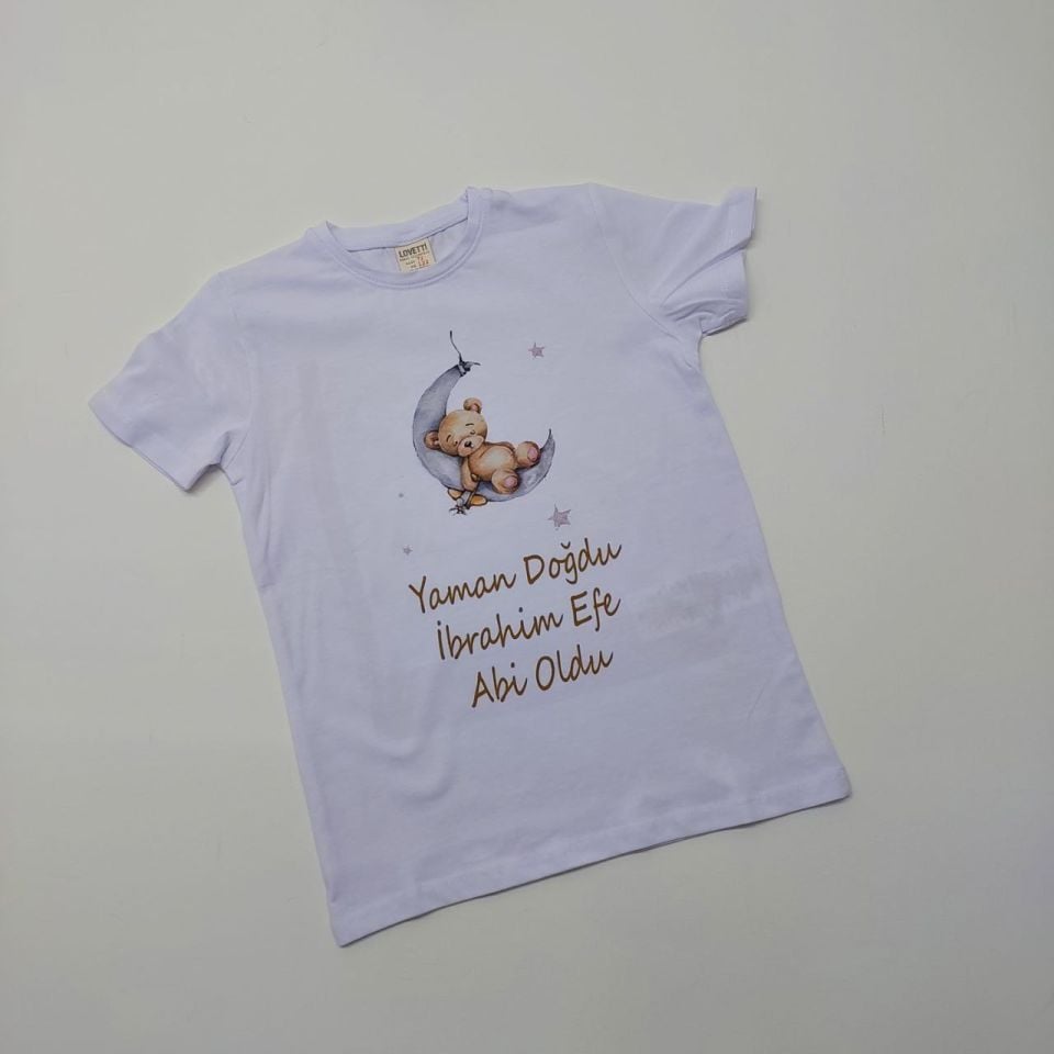 Ayda Uyuyan Ayıcık Desenli Abi-Abla Oldum Yazılı Tişört