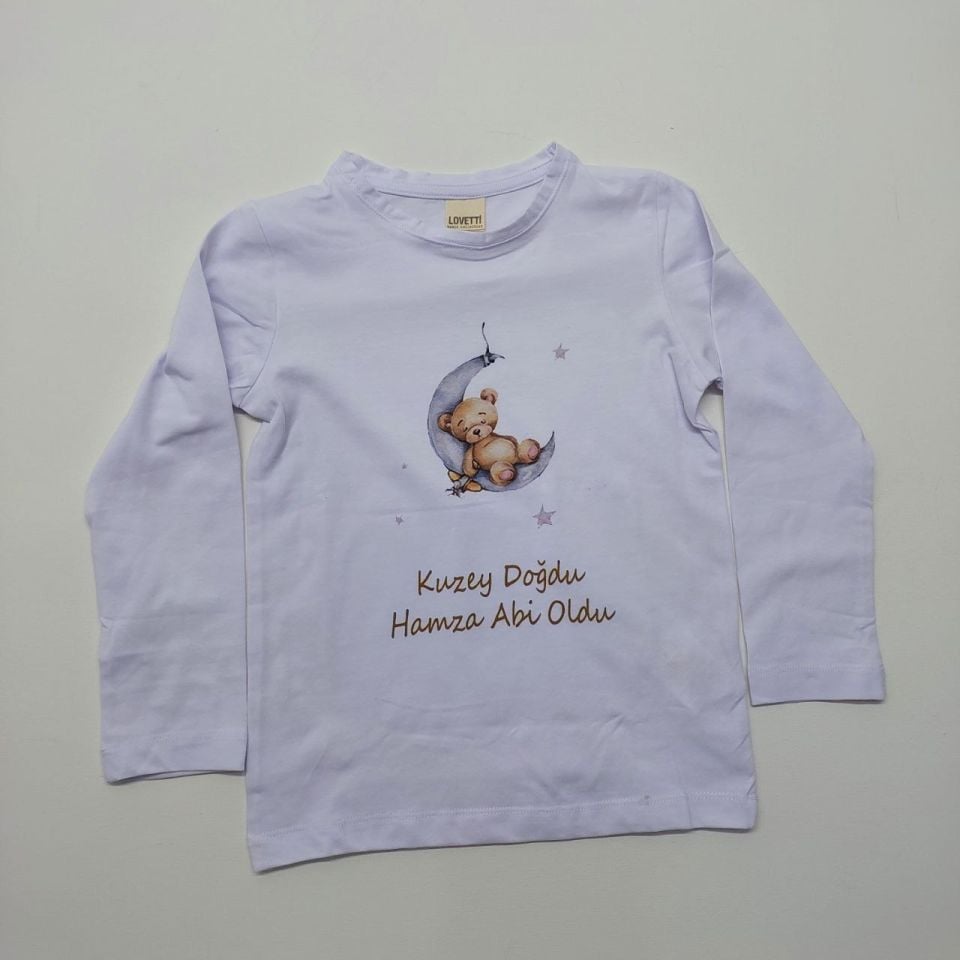 Ayda Uyuyan Ayıcık Desenli Abi-Abla Oldum Yazılı Tişört
