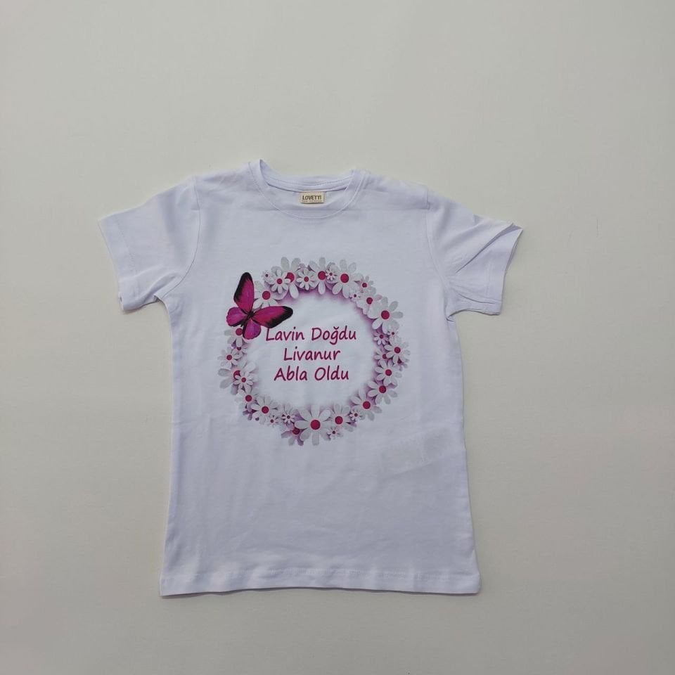 Mor Kelebek Desenli Baskı Abi-Abla Oldum Yazılı Tişört