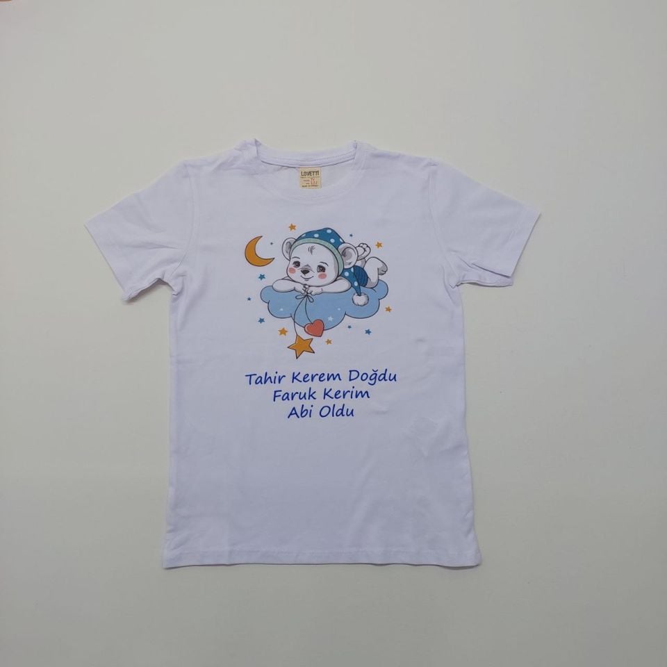 Bulut Üzerindeki Ayıcık Baskılı Abi-Abla Oldum Yazılı Tişört