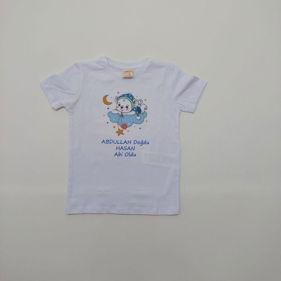 Bulut Üzerindeki Ayıcık Baskılı Abi-Abla Oldum Yazılı Tişört
