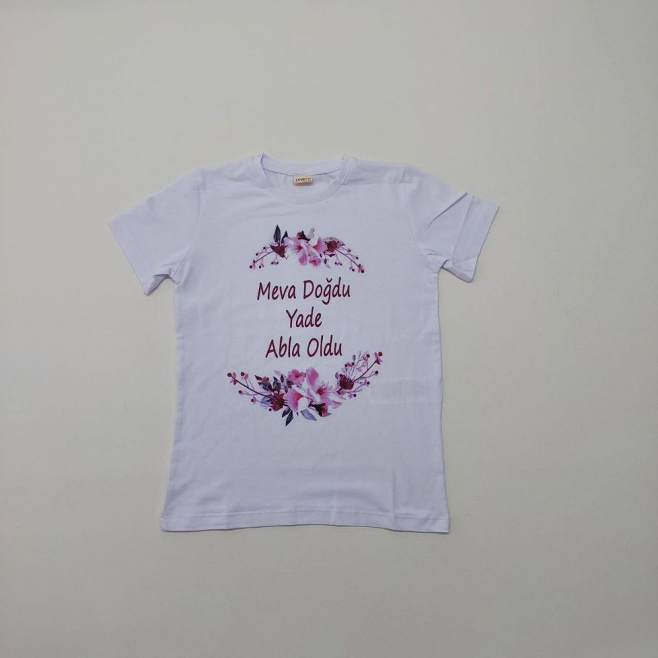Mor Yarım Çiçek Desenli Baskılı Abi-Abla Oldum Yazılı Tişört