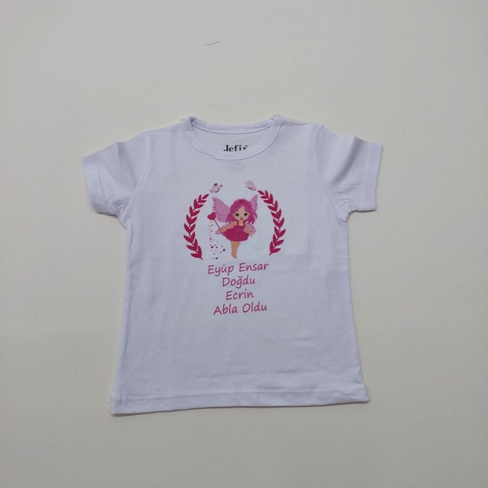 Pembe Melek Desenli Baskılı Abi-Abla Oldum Yazılı Tişört