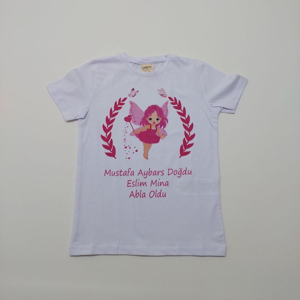 Pembe Melek Desenli Baskılı Abi-Abla Oldum Yazılı Tişört