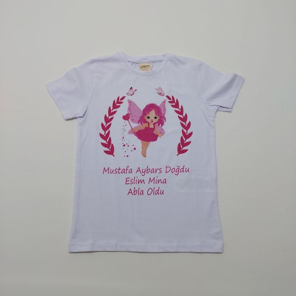 Pembe Melek Desenli Baskılı Abi-Abla Oldum Yazılı Tişört