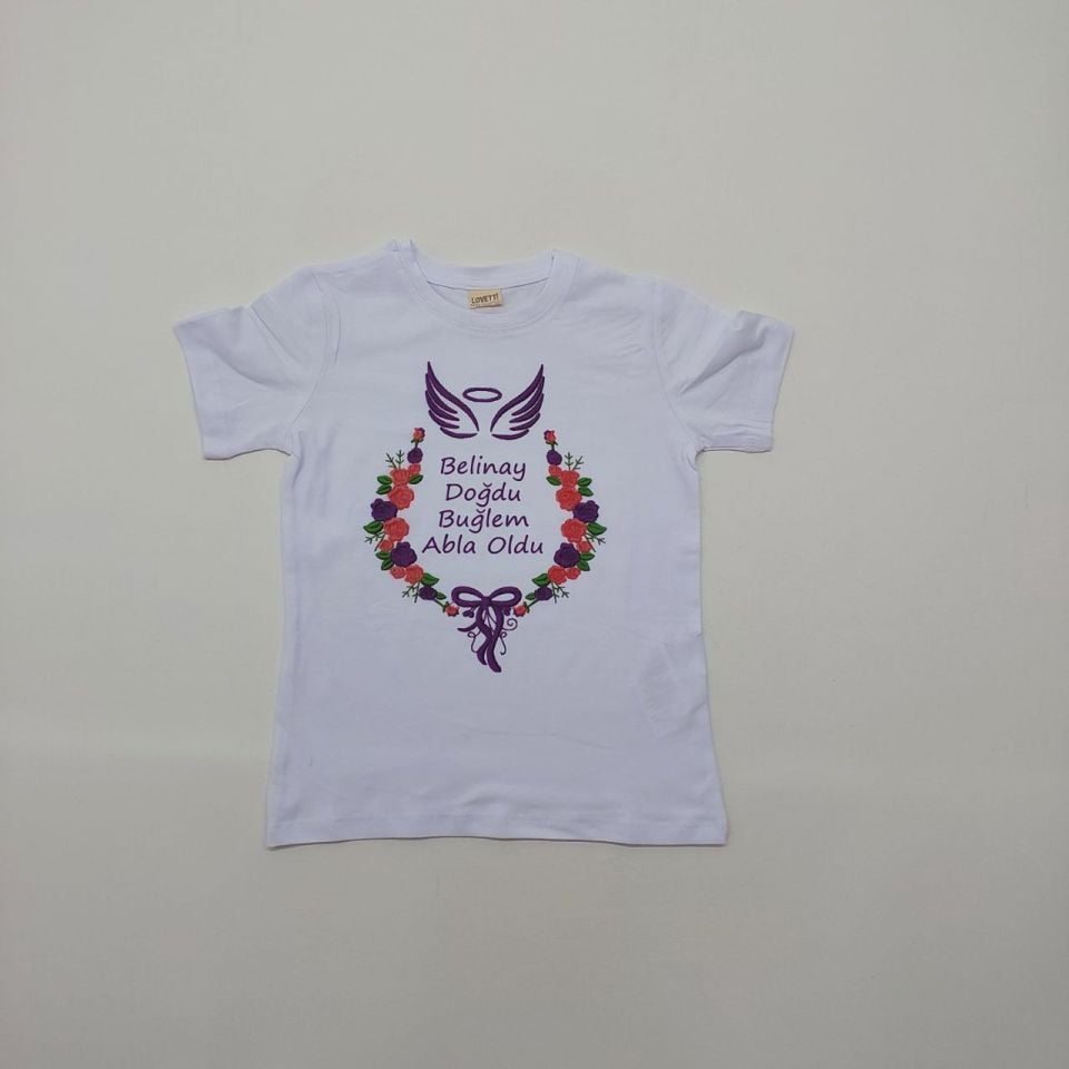 Melek Kanatlı Mor Çiçek Baskılı Abi-Abla Oldum Yazılı Tişört