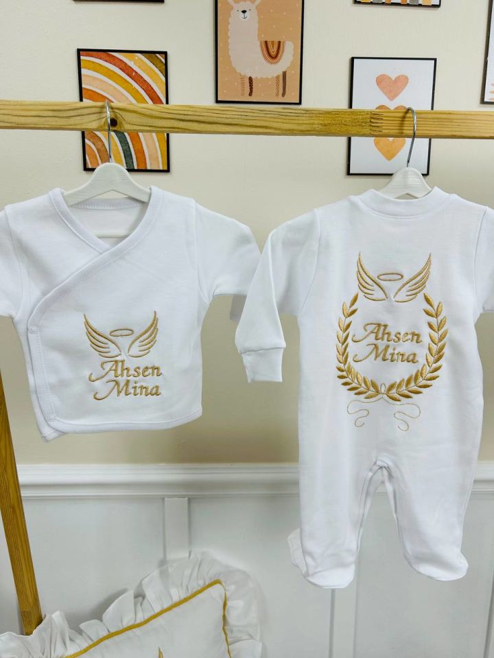 Nakışlı Gold Desenli Hastane Çıkış Seti Yastıklı Tam Set