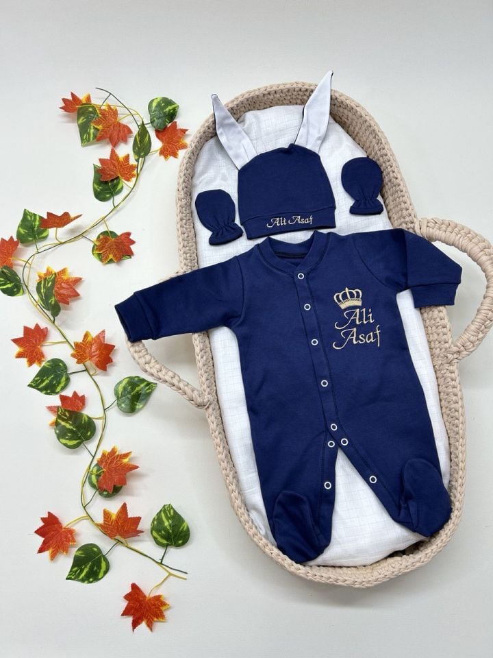 Nakış Özel Tasarım Tavşanlı Tulum Eldiven Ve Şapka 3'lü Set