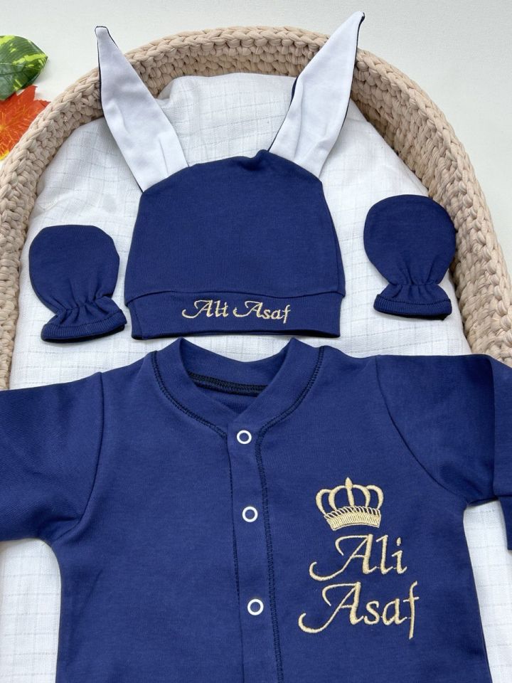 Nakış Özel Tasarım Tavşanlı Tulum Eldiven Ve Şapka 3'lü Set