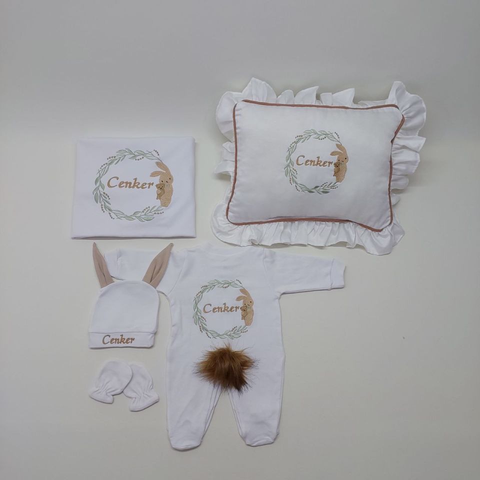 Kahve Tavşan Desen Kulaklı Nakışlı Beş Parça Hastane Çıkışı