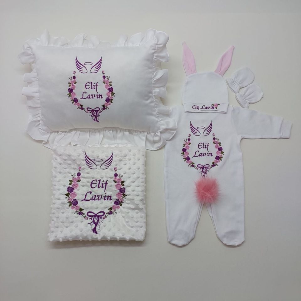 Mor Kanat Desenli Nakışlı Beş Parça Hastane Çıkışı