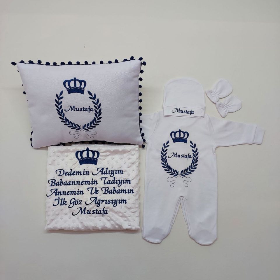 Lacivert Taç Desenli Nakışlı Beş Parça Hastane Çıkışı