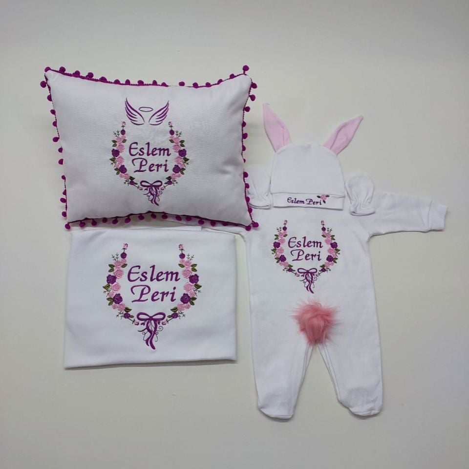 Mor Kanatlı Desenli Nakışlı Beş Parça Hastane Çıkışı