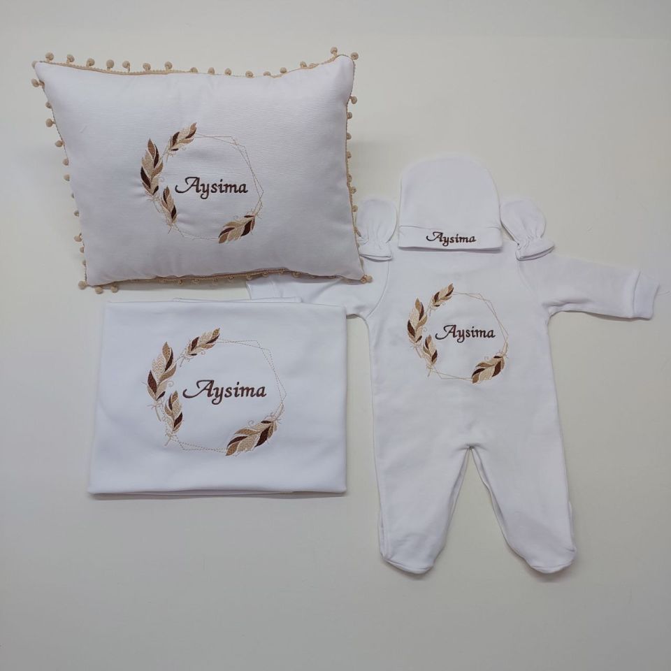 Kahverengi Tüy Desenli Nakışlı Beş Parça Hastane Çıkışı