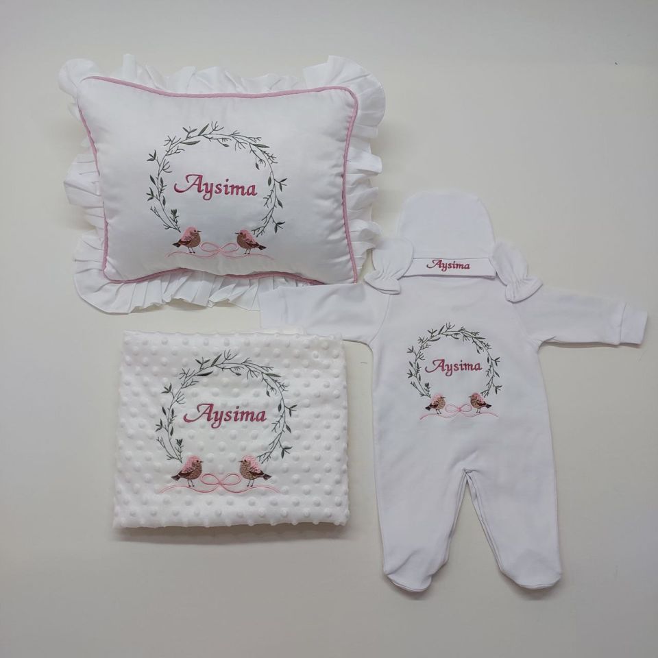 Kuş Desenli Nakışlı Beş Parça Hastane Çıkışı