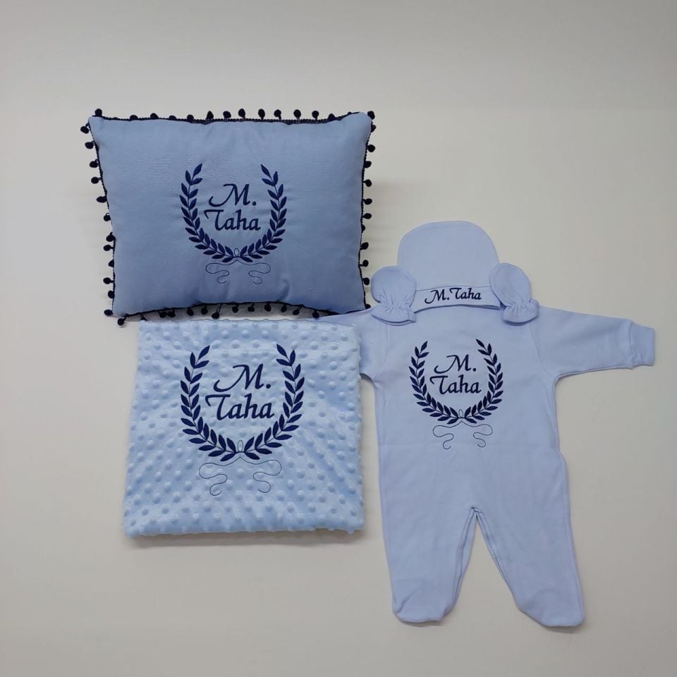 Mavi Başak Desenli Nakışlı Beş Parça Hastane Çıkışı