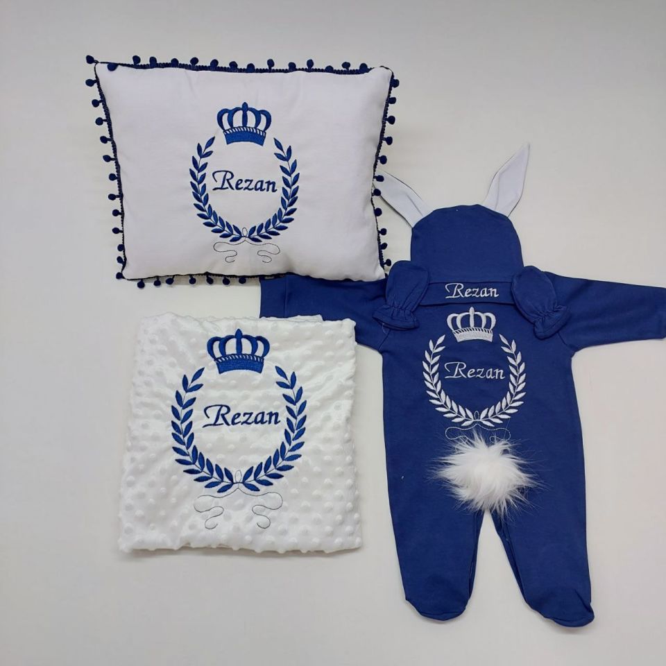 Lacivert Taç Desenli Nakışlı Beş Parça Hastane Çıkışı