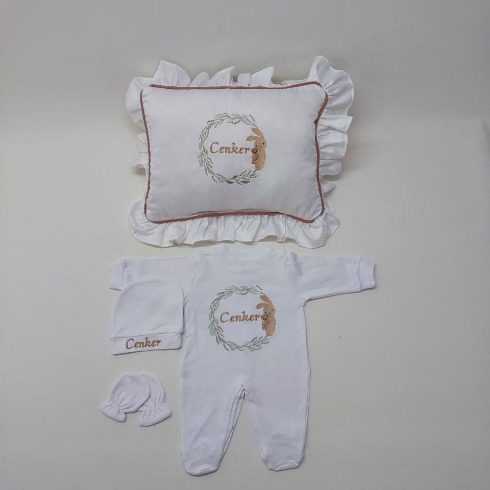 Tavşan Desenli Nakışlı Dört Parça Hastane Çıkışı