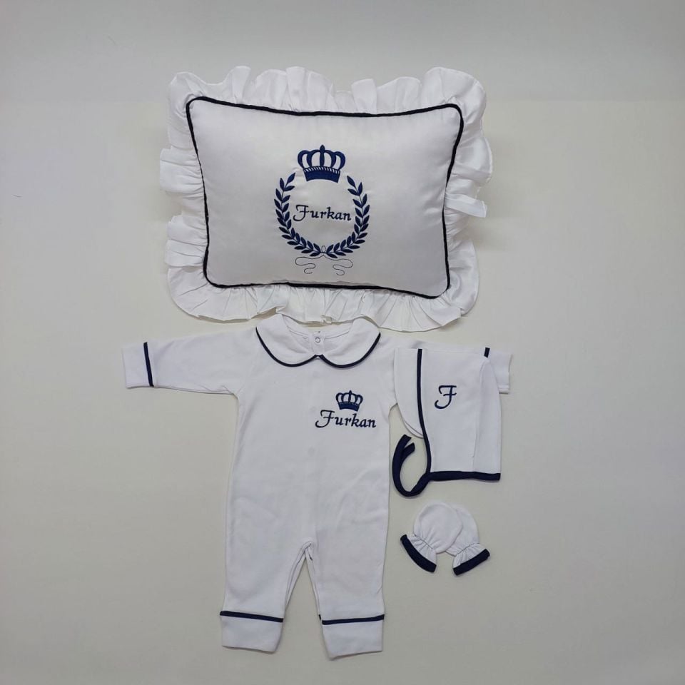 Lacivert Taç Desenli Nakışlı Dört Parça Hastane Çıkışı