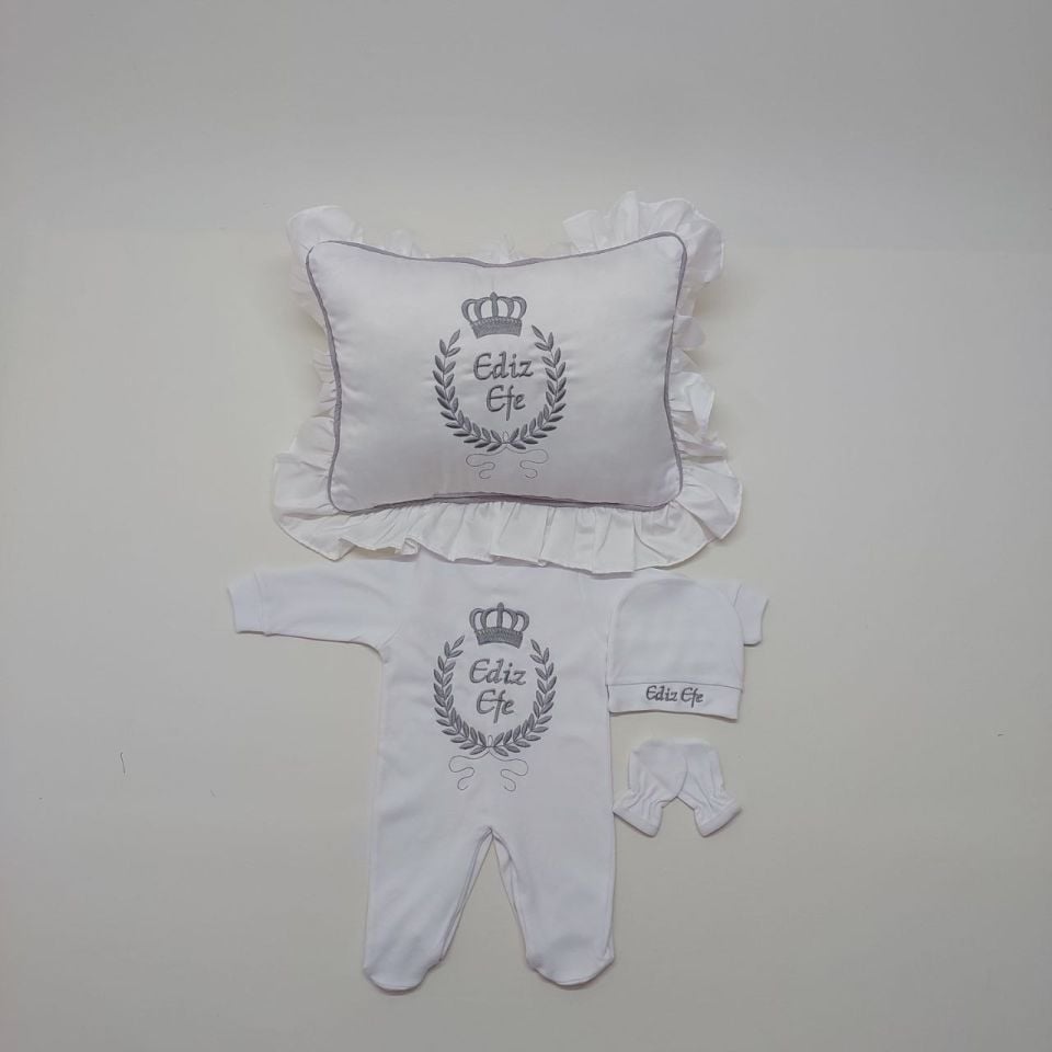 Gri Taçlı Desenli Nakışlı Dört Parça Hastane Çıkışı