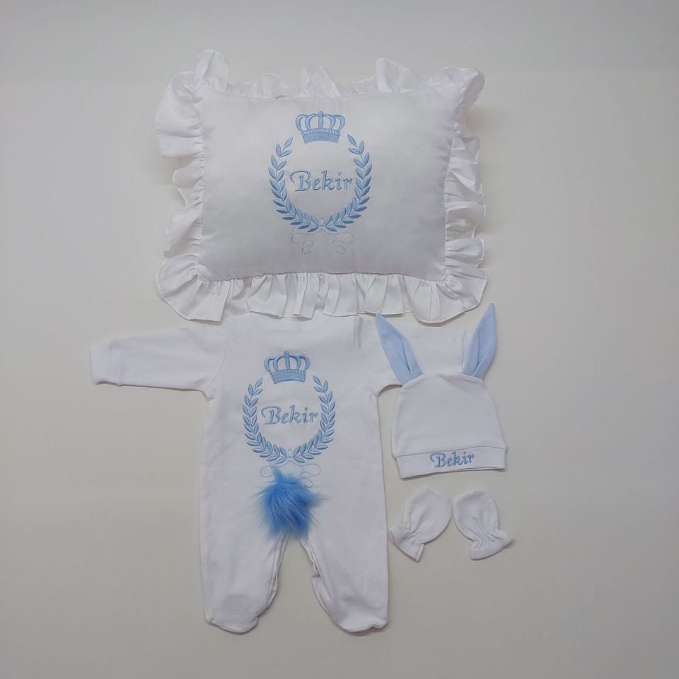 Mavi Taçlı Desenli Nakışlı Dört Parça Hastane Çıkışı