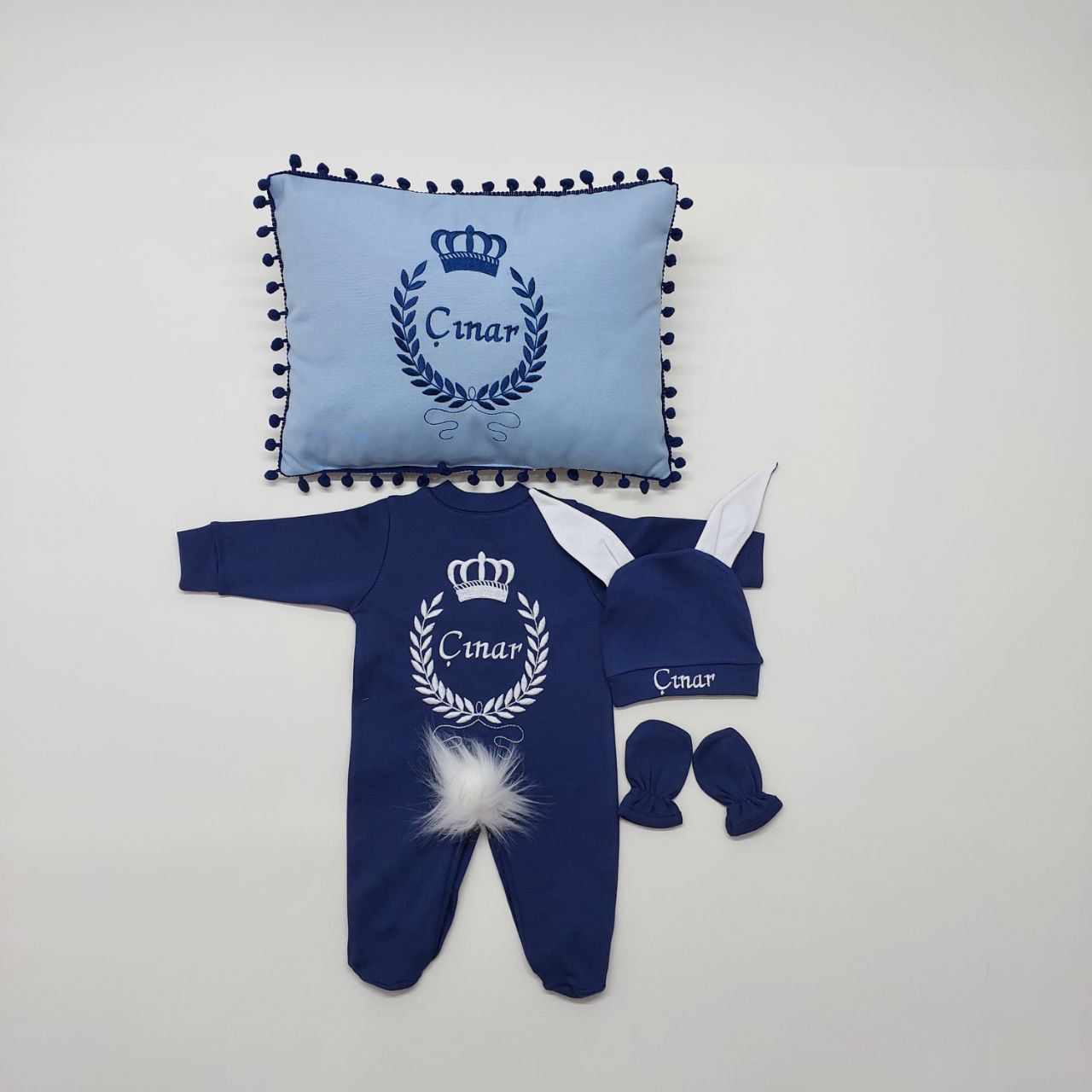 Lacivert Mavi Taç Desenli Nakışlı Dört Parça Hastane Çıkışı