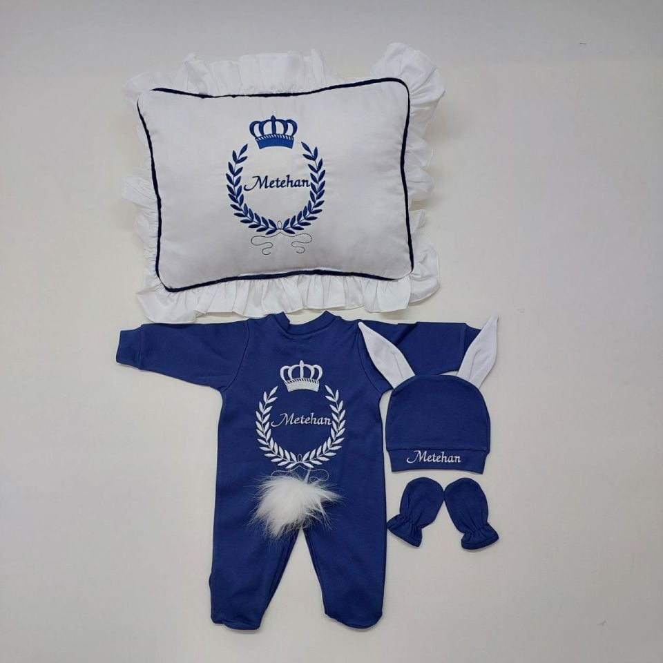 Lacivert Taç Desenli Nakışlı Dört Parça Hastane Çıkışı