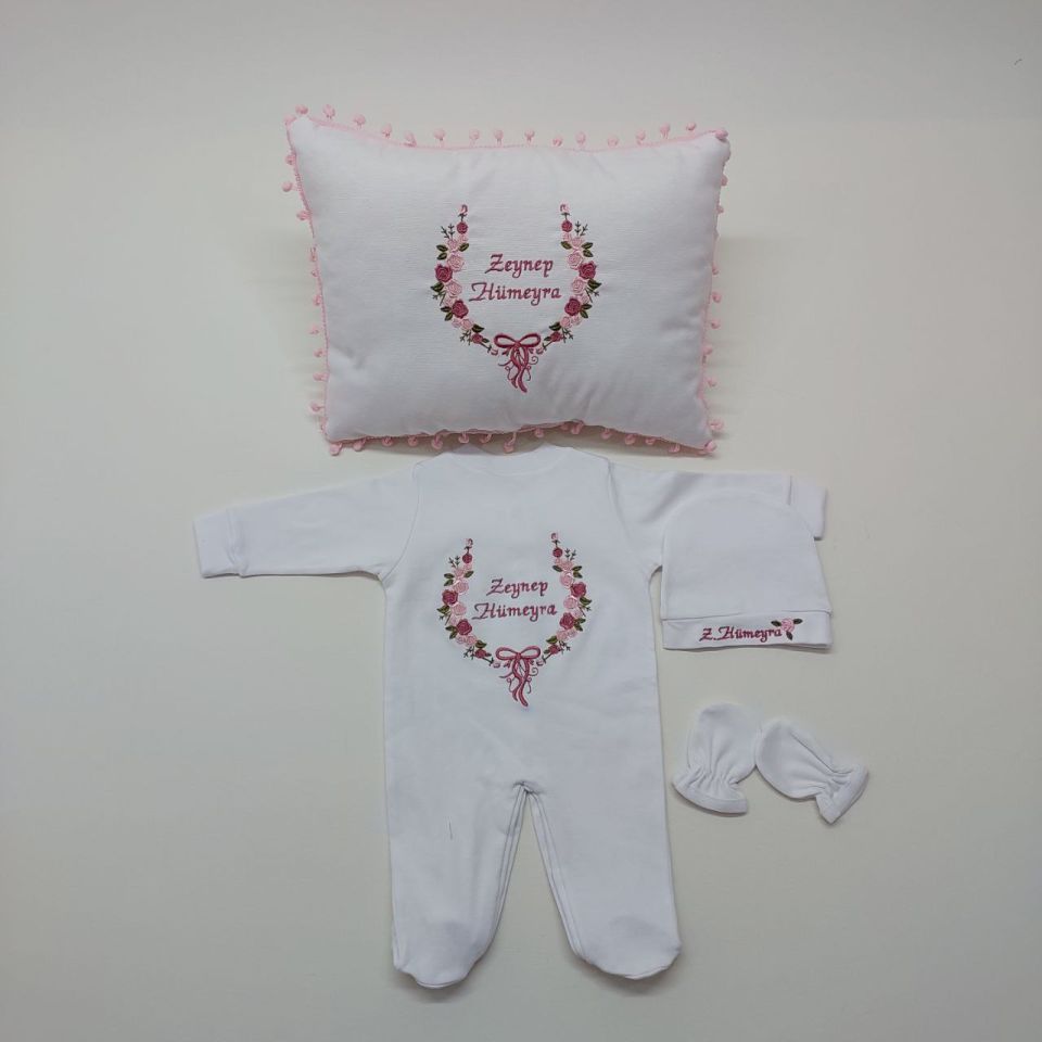 Çiçekli Desenli Nakışlı Dört Parça Hastane Çıkışı