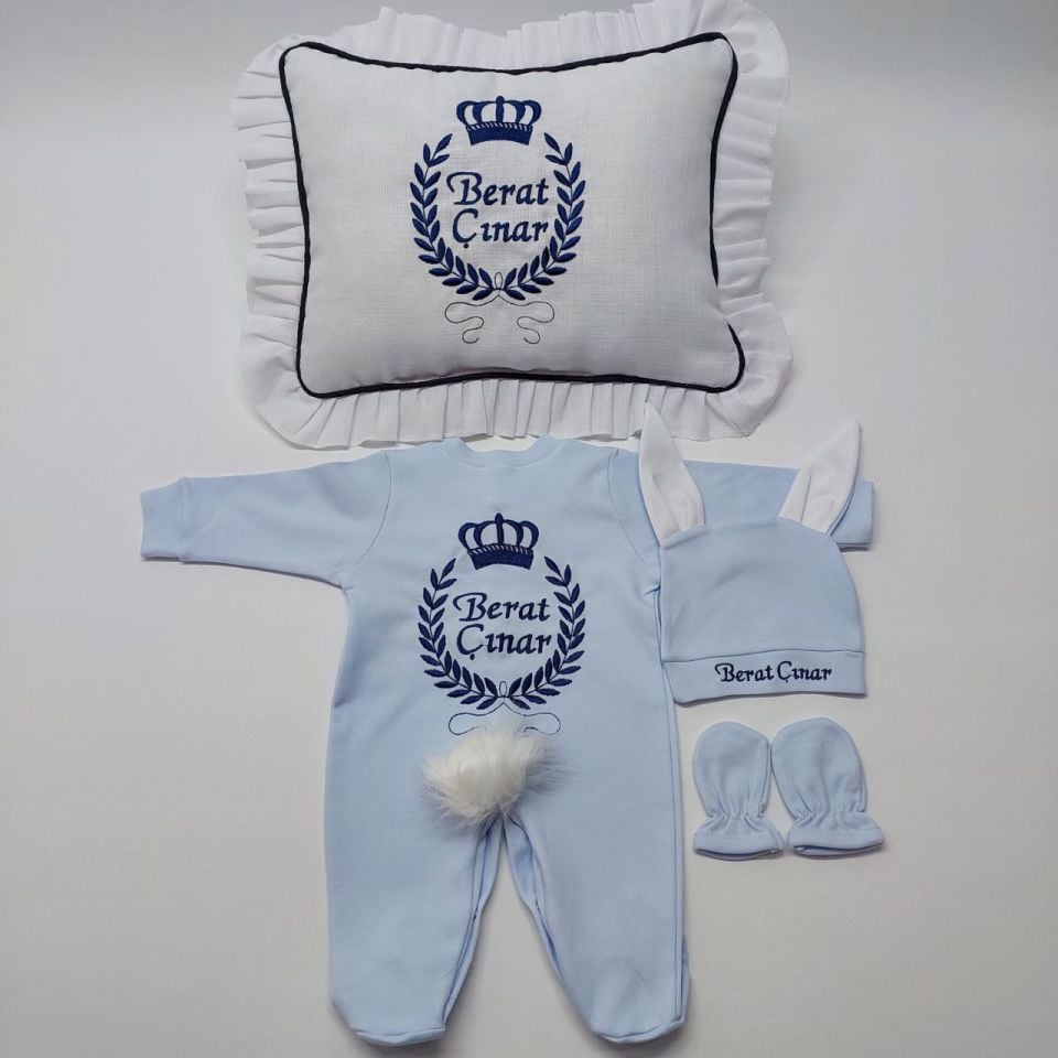 Mavi Lacivert Taç Desenli Nakışlı Dört Parça Hastane Çıkışı