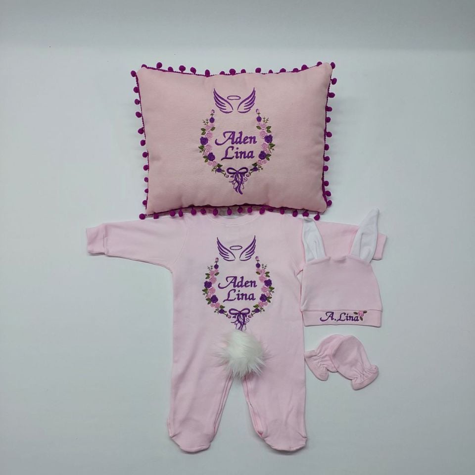 Mor Çiçekli Kanat Desenli Nakışlı Dört Parça Hastane Çıkışı