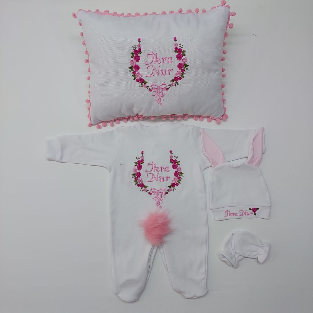 Çiçekli Desenli Nakışlı Dört Parça Hastane Çıkışı