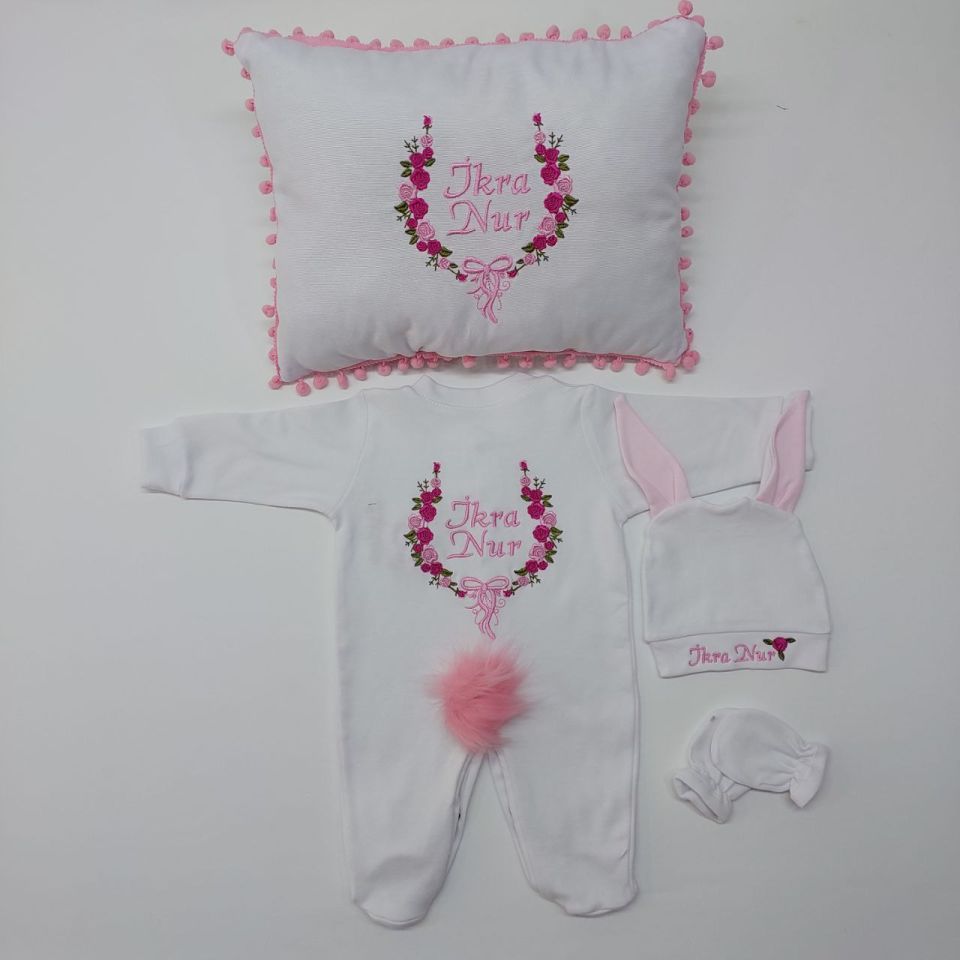 Çiçekli Desenli Nakışlı Dört Parça Hastane Çıkışı