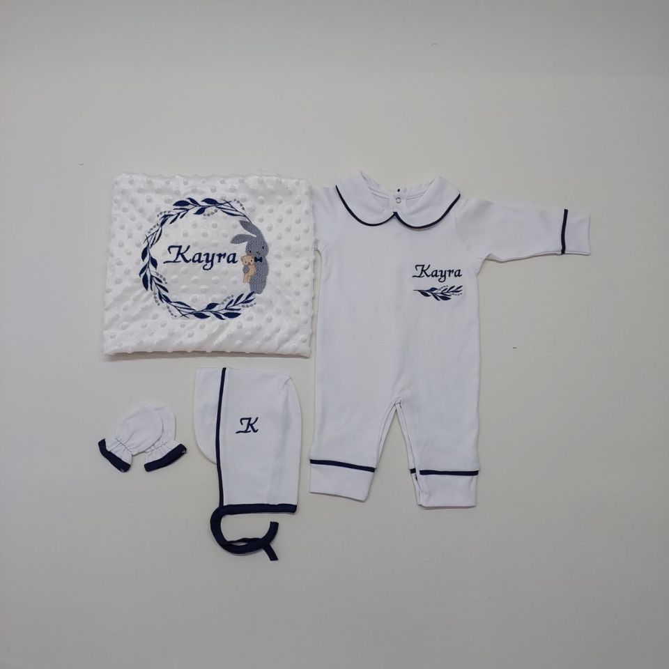 Gri Tavşan Desenli Nakışlı Dört Parça Hastane Çıkışı