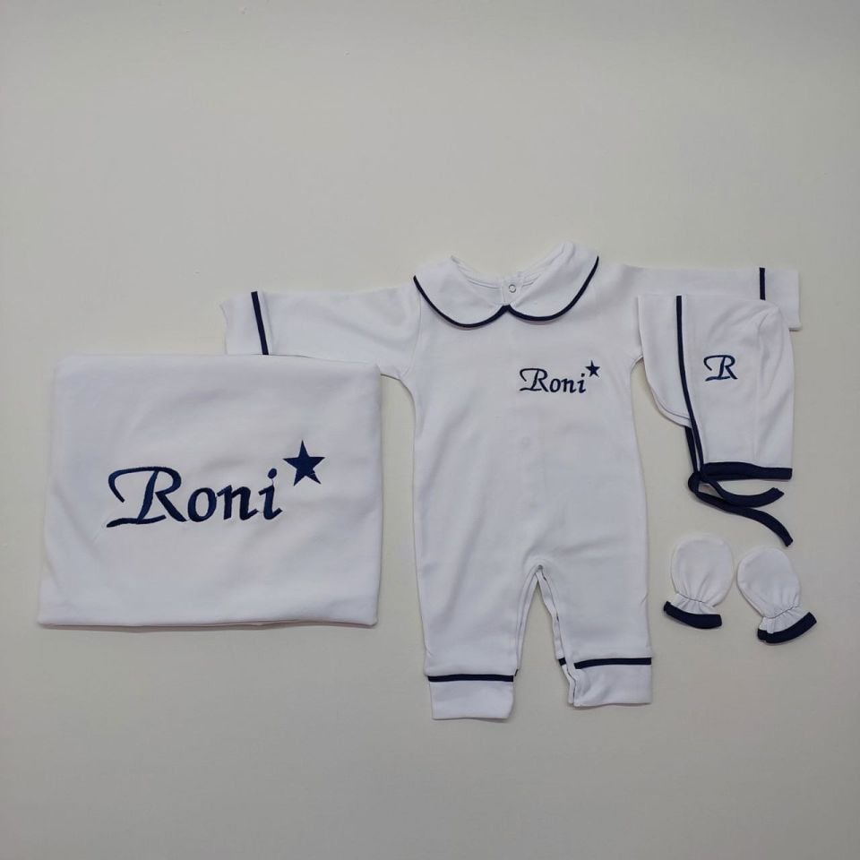 Lacivert Yıldız Desenli Nakışlı Dört Parça Hastane Çıkışı