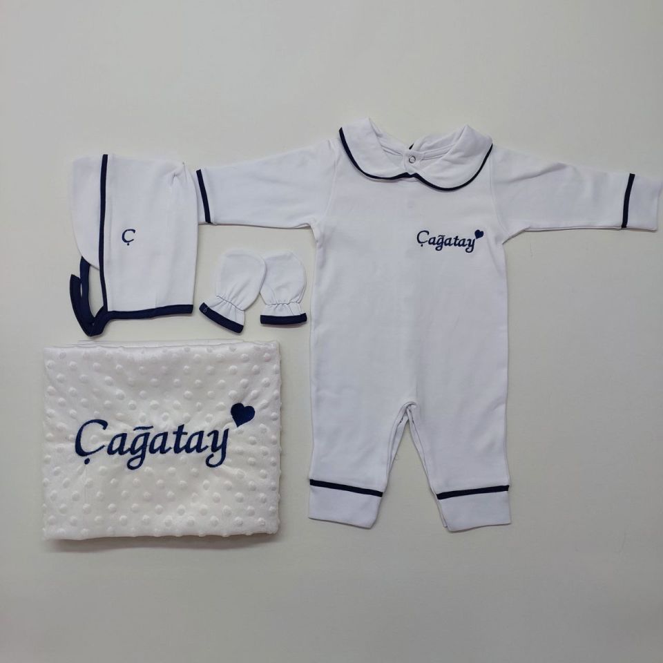 Lacivert Kalp Desenli Nakışlı Dört Parça Hastane Çıkışı