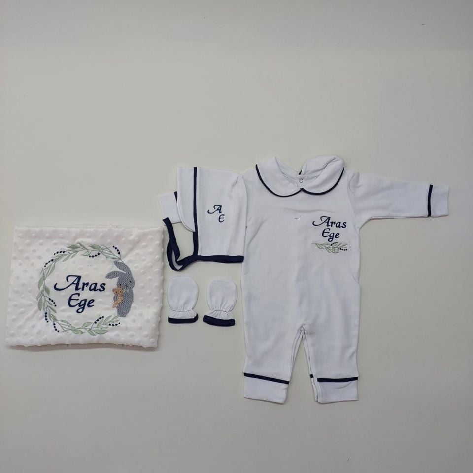 Gri Tavşan Desenli Nakışlı Dört Parça Hastane Çıkışı