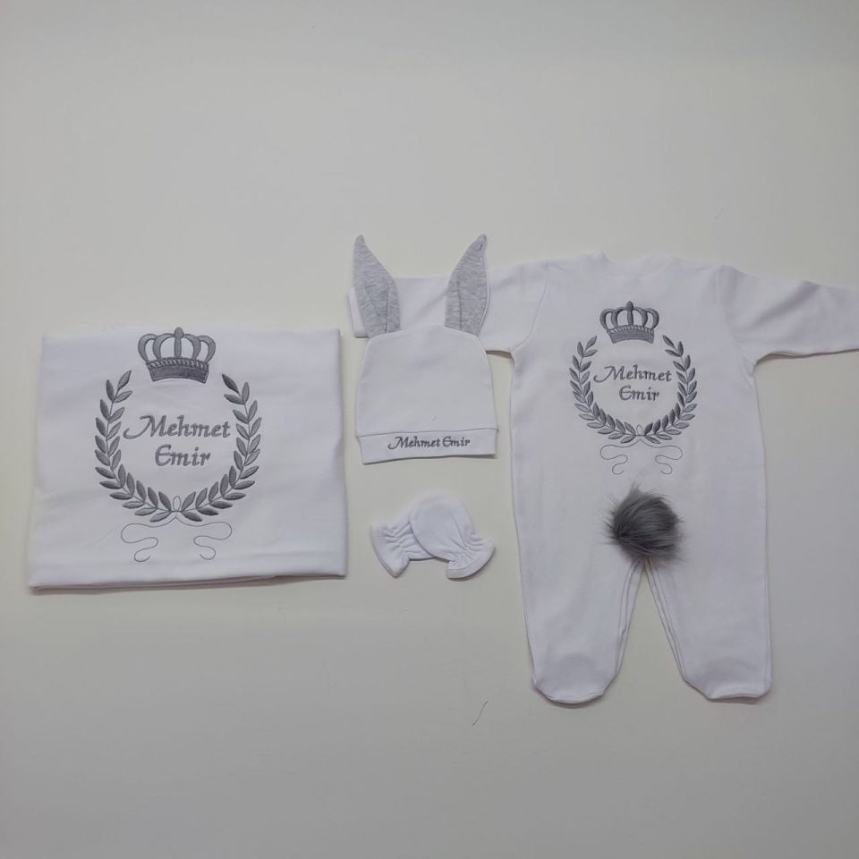 Gri Taç Desenli Nakışlı Dört Parça Hastane Çıkışı