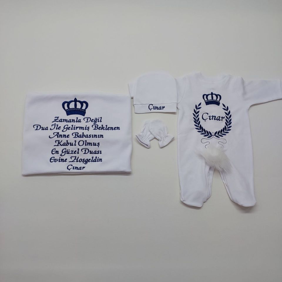 Lacivert Taç Desenli Nakışlı Dört Parça Hastane Çıkışı