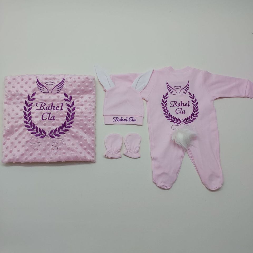 Mor Kanat Desenli Nakışlı Dört Parça Hastane Çıkışı