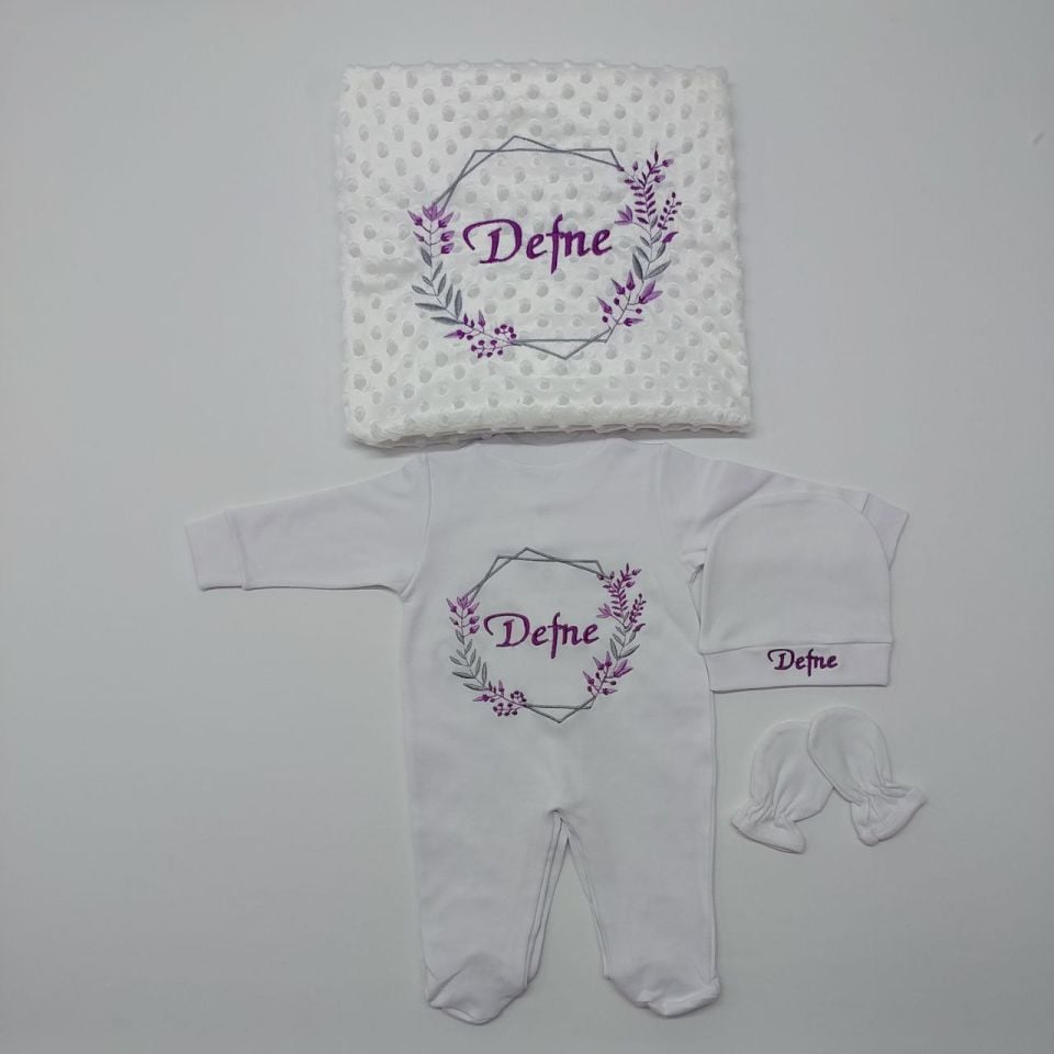 Mor Tomurcuk Desenli Nakışlı Dört Parça Hastane Çıkışı