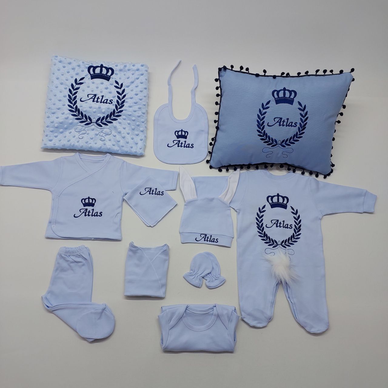 Nakışlı Mavi Lacivert Desen Hastane Çıkış Seti Yastıklı Tam Set