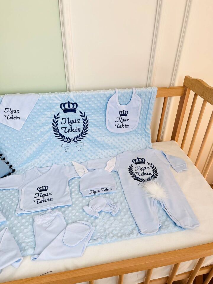 Nakışlı Mavi Lacivert Desen Hastane Çıkış Seti Yastıklı Tam Set