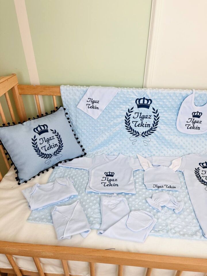 Nakışlı Mavi Lacivert Desen Hastane Çıkış Seti Yastıklı Tam Set