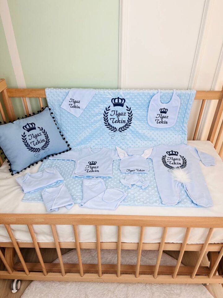 Nakışlı Mavi Lacivert Desen Hastane Çıkış Seti Yastıklı Tam Set