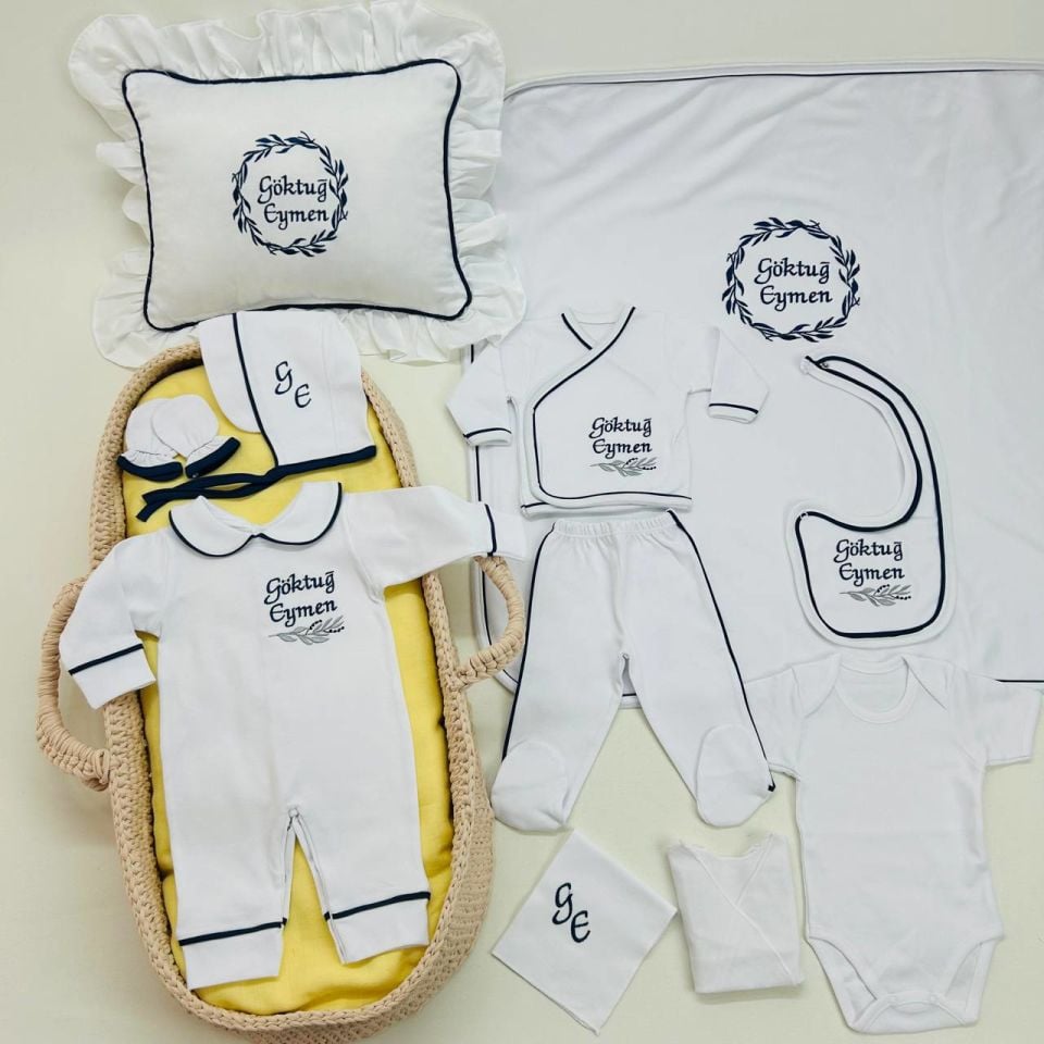 Lacivert Tamamı Biyeli Nakışlı Hastane Çıkış Seti