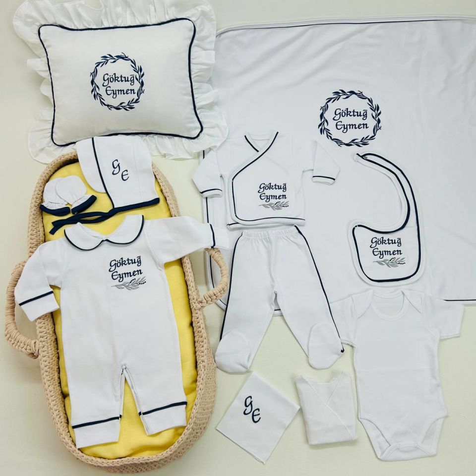 Lacivert Tamamı Biyeli Nakışlı Hastane Çıkış Seti