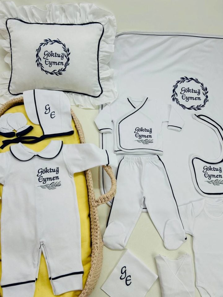 Lacivert Tamamı Biyeli Nakışlı Hastane Çıkış Seti