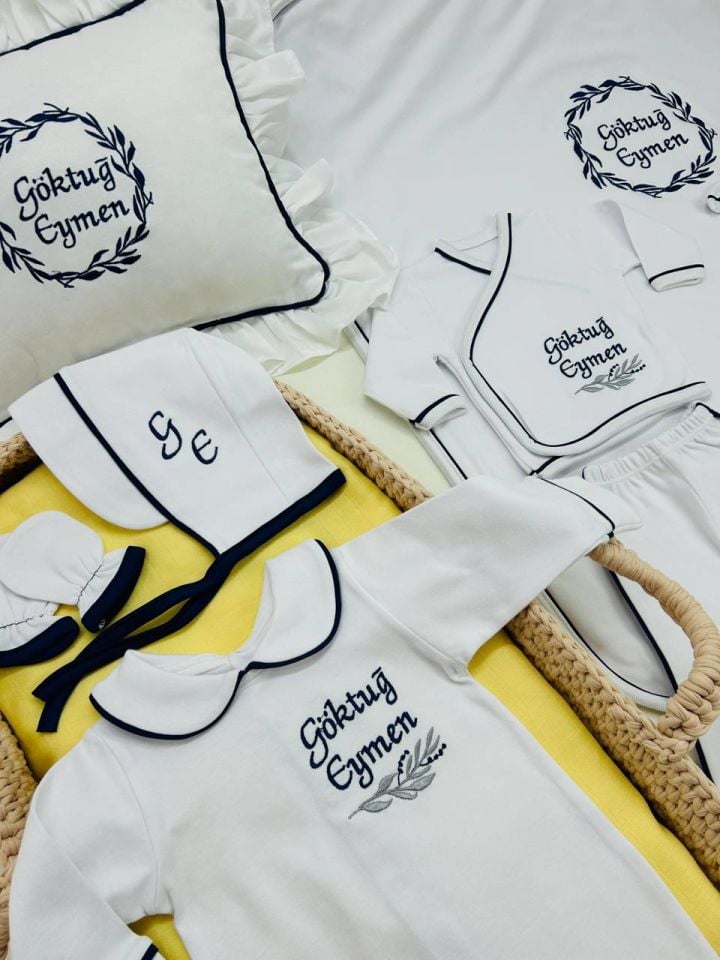 Lacivert Tamamı Biyeli Nakışlı Hastane Çıkış Seti